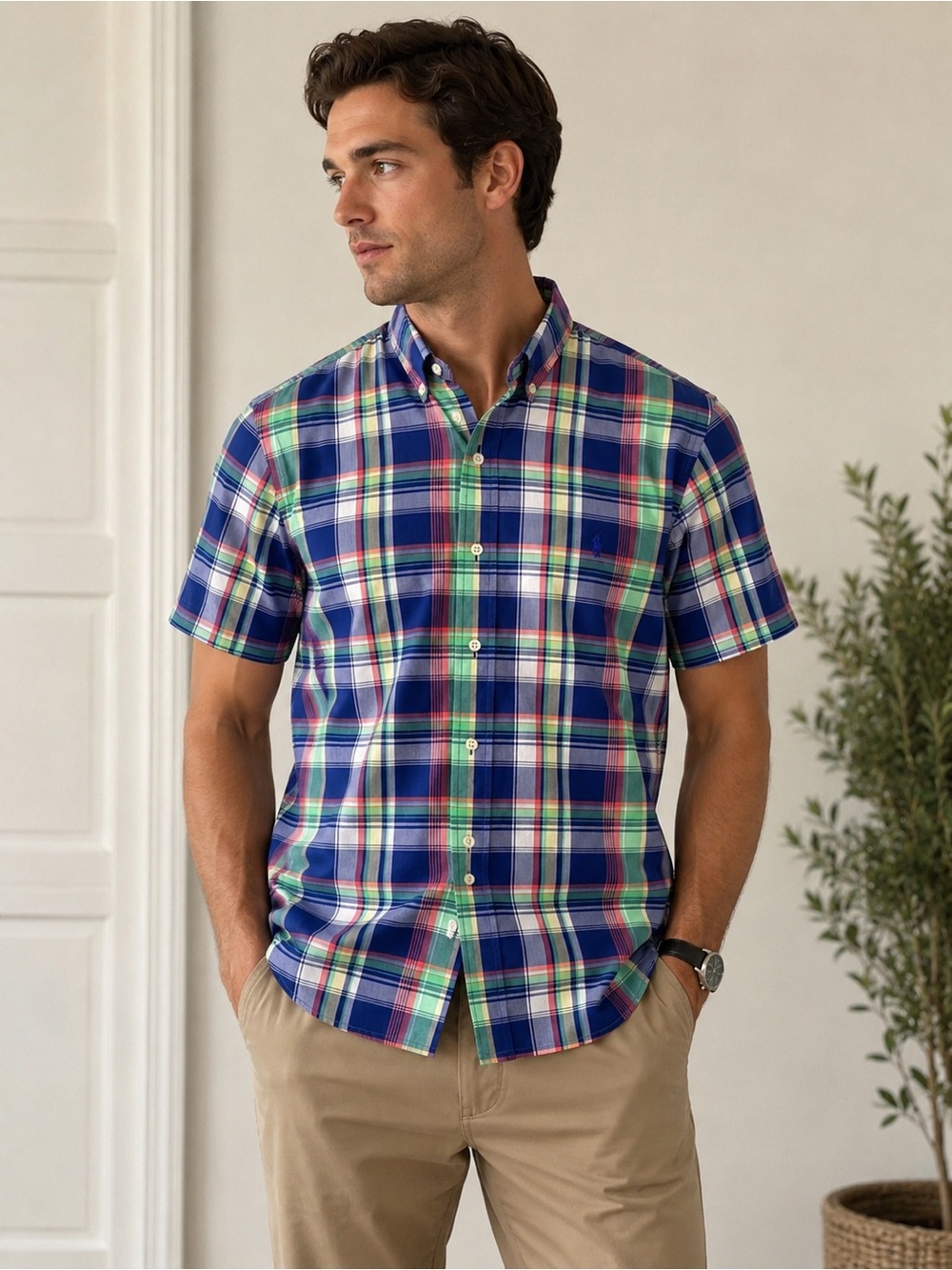 Ralph Lauren Men’s Medium Plaid Button Down Shirt Short Sleeve Cotton Preppy